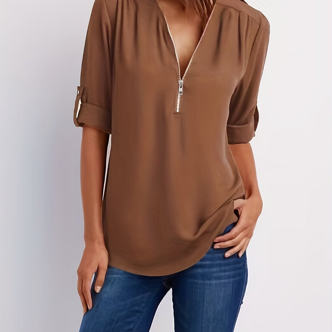 Ariana | Sleek Zip-Front V-Neck Blouse