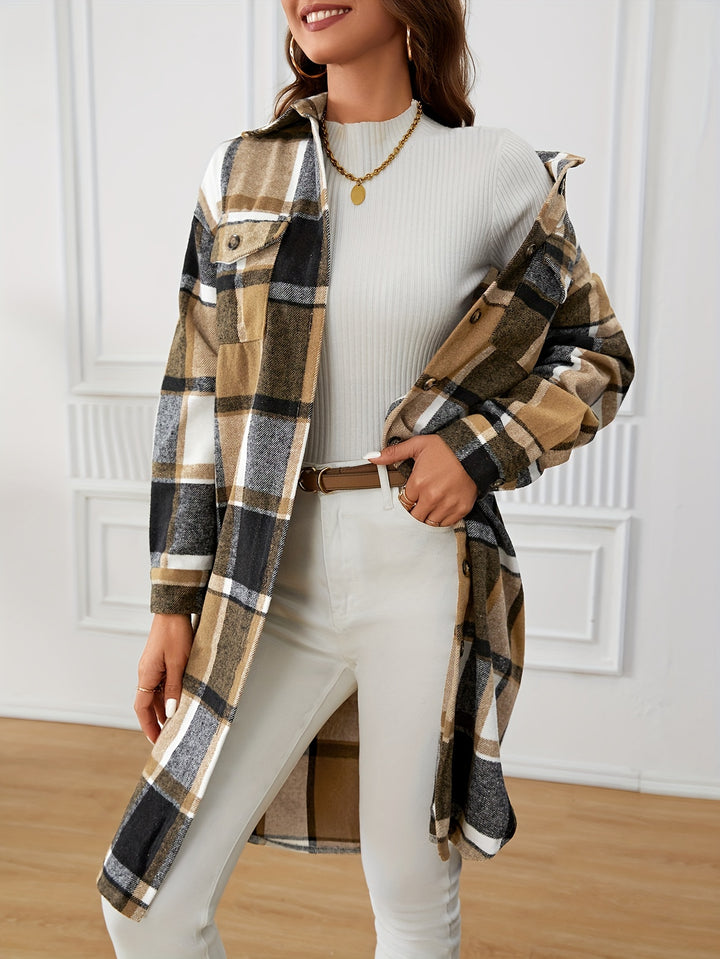 Linda | Cozy Long Plaid Button-Front Coat