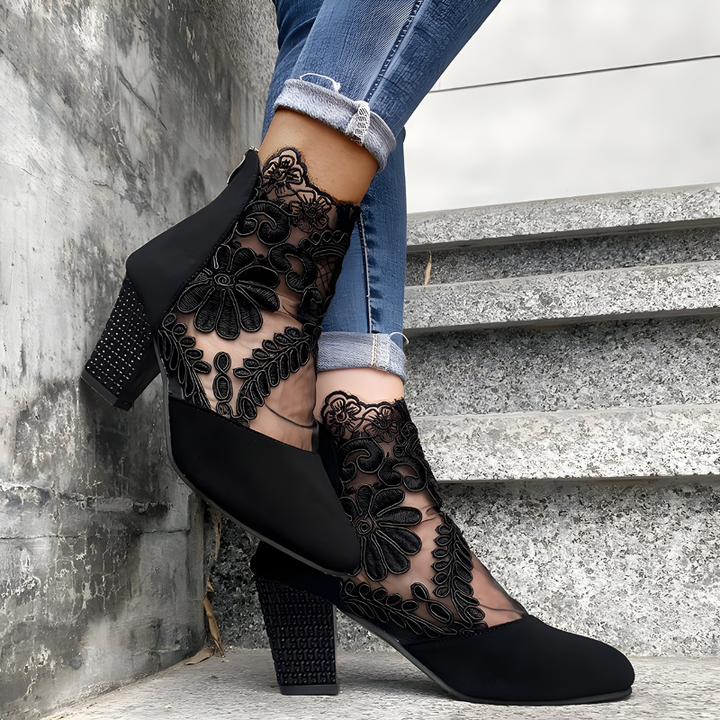 Mila | Elegant Lace Block Heel Ankle Boots