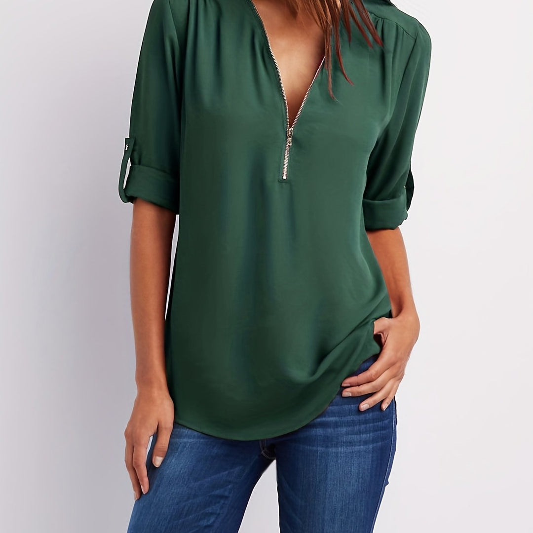 Ariana | Sleek Zip-Front V-Neck Blouse