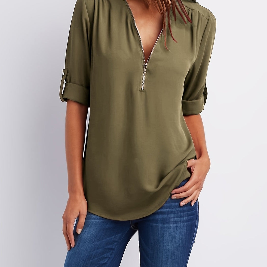 Ariana | Sleek Zip-Front V-Neck Blouse