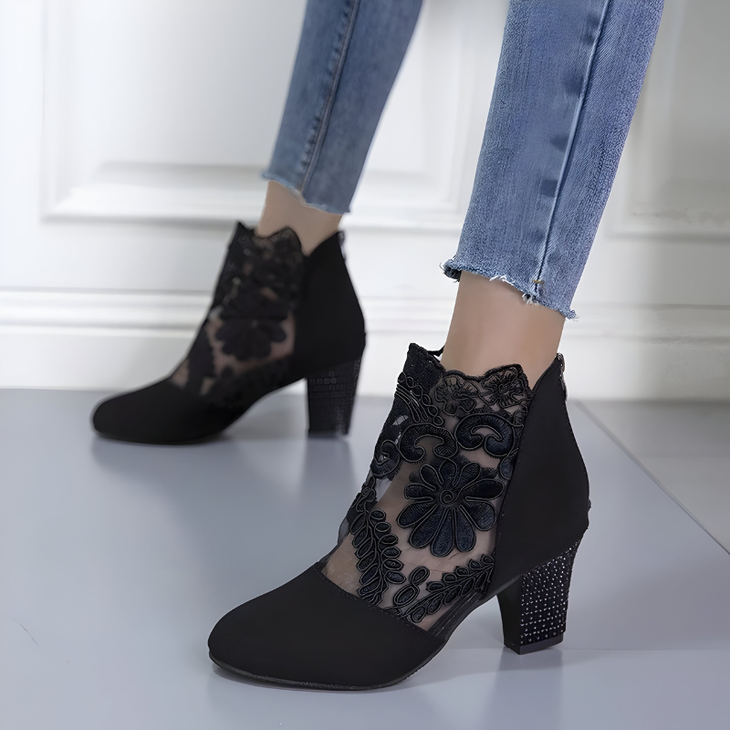 Mila | Elegant Lace Block Heel Ankle Boots