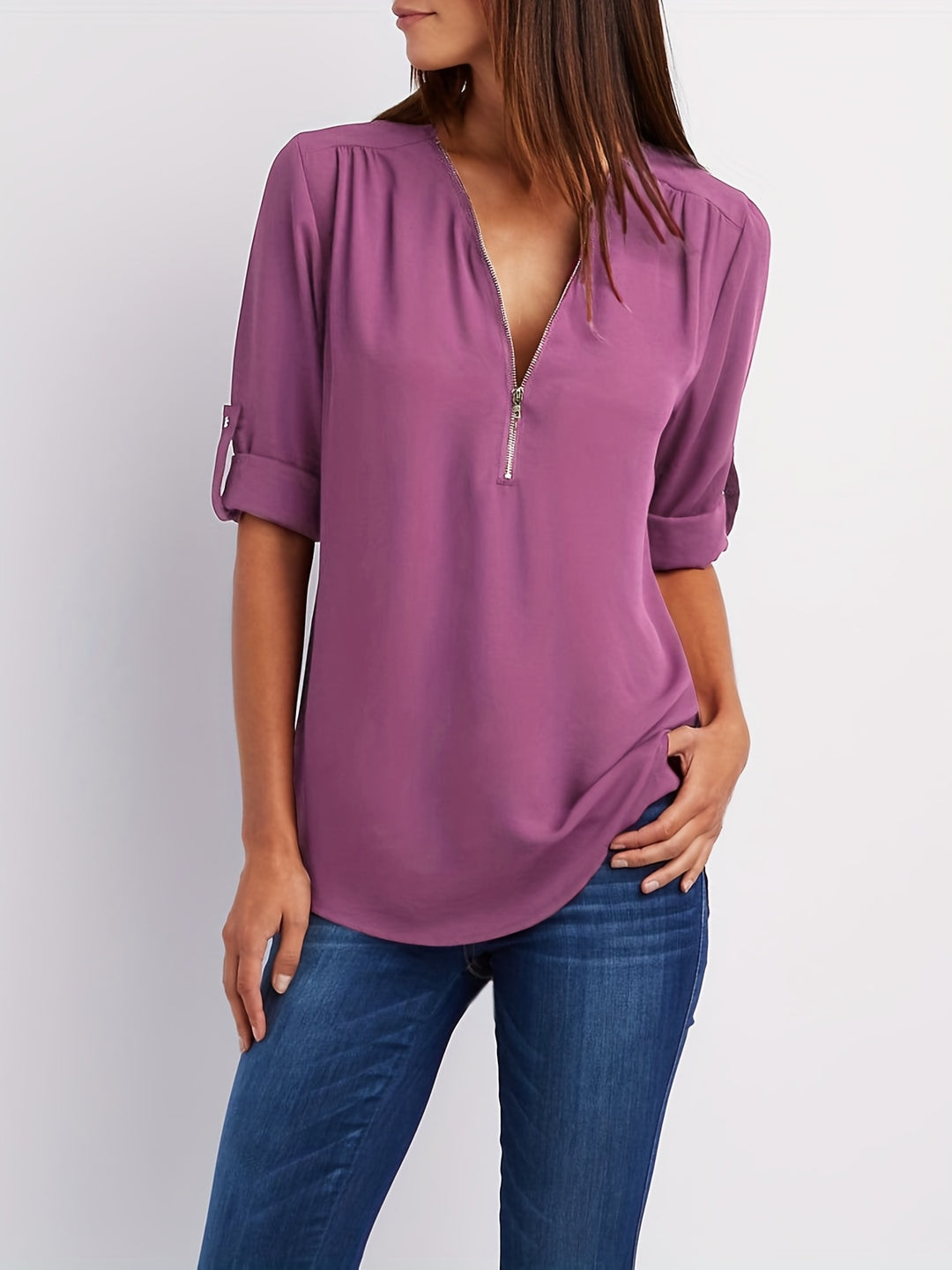 Ariana | Sleek Zip-Front V-Neck Blouse