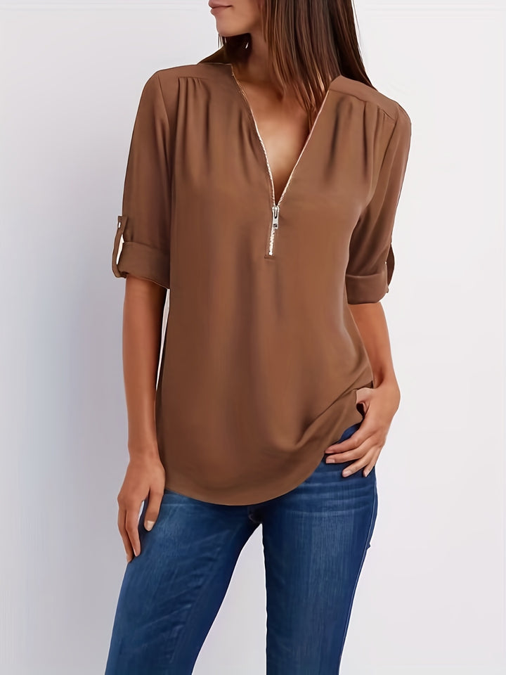 Ariana | Sleek Zip-Front V-Neck Blouse
