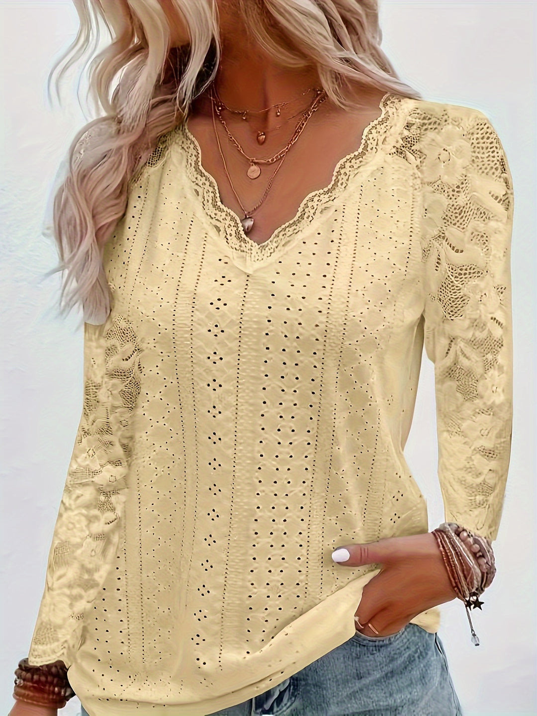 Nicole | Lace-Detail V-Neck Long Sleeve Top