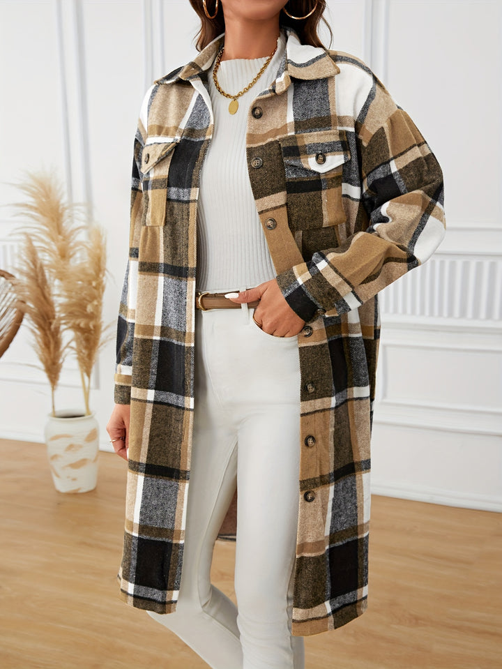 Linda | Cozy Long Plaid Button-Front Coat