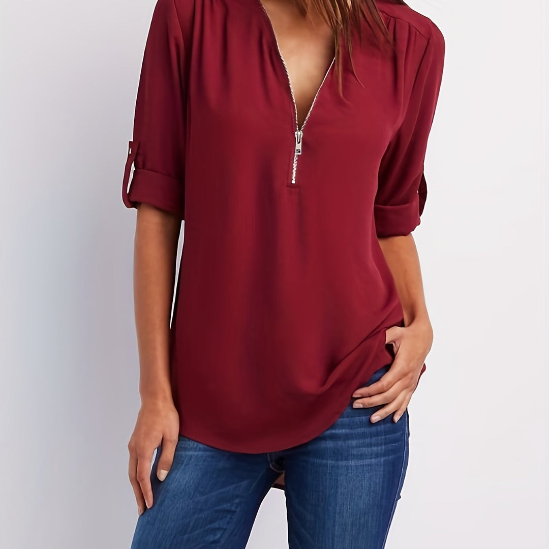 Ariana | Sleek Zip-Front V-Neck Blouse
