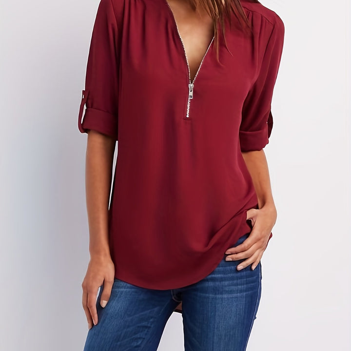 Ariana | Sleek Zip-Front V-Neck Blouse