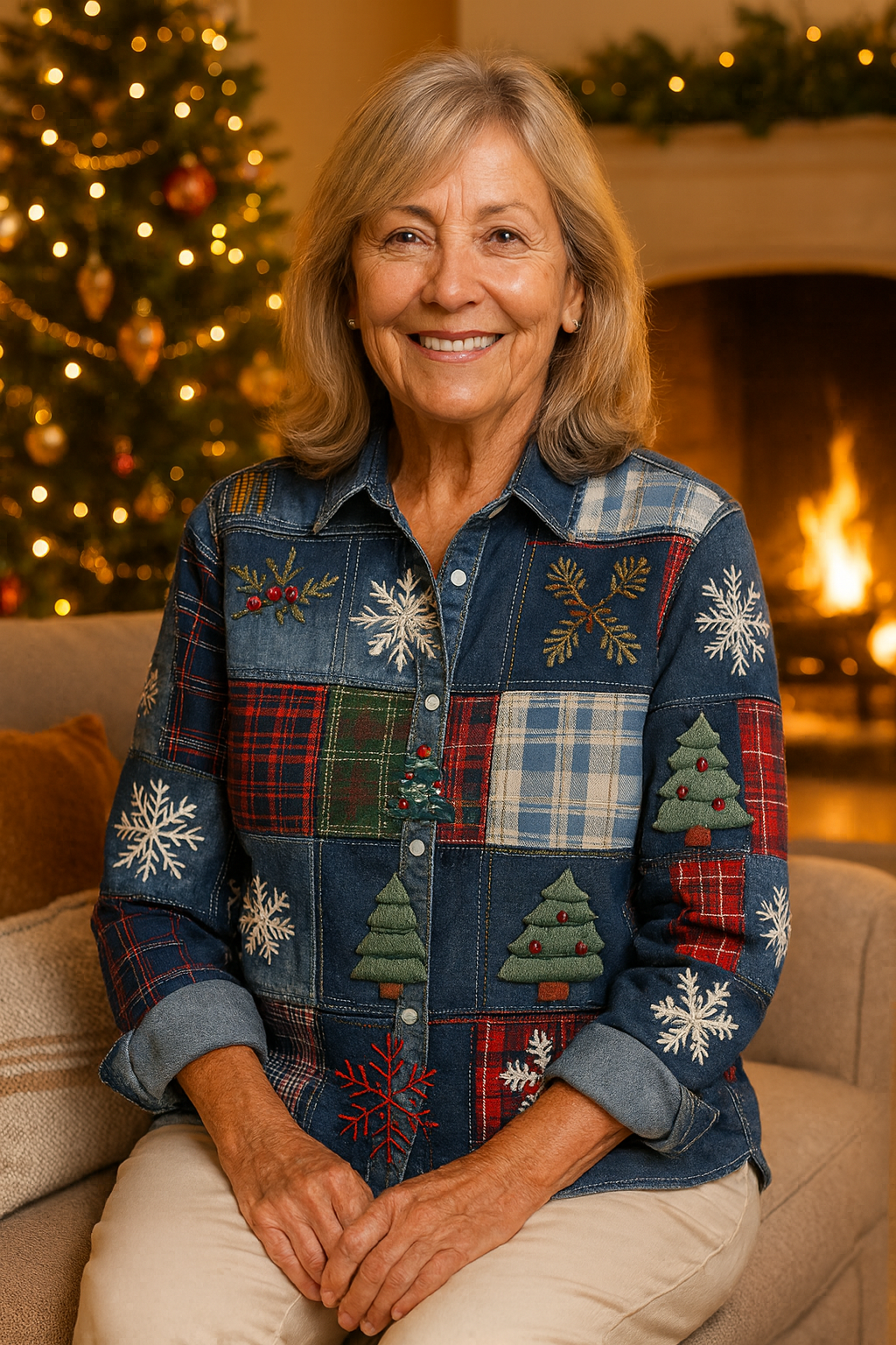 Maribel | Festive Patchwork Holiday Button Shirt