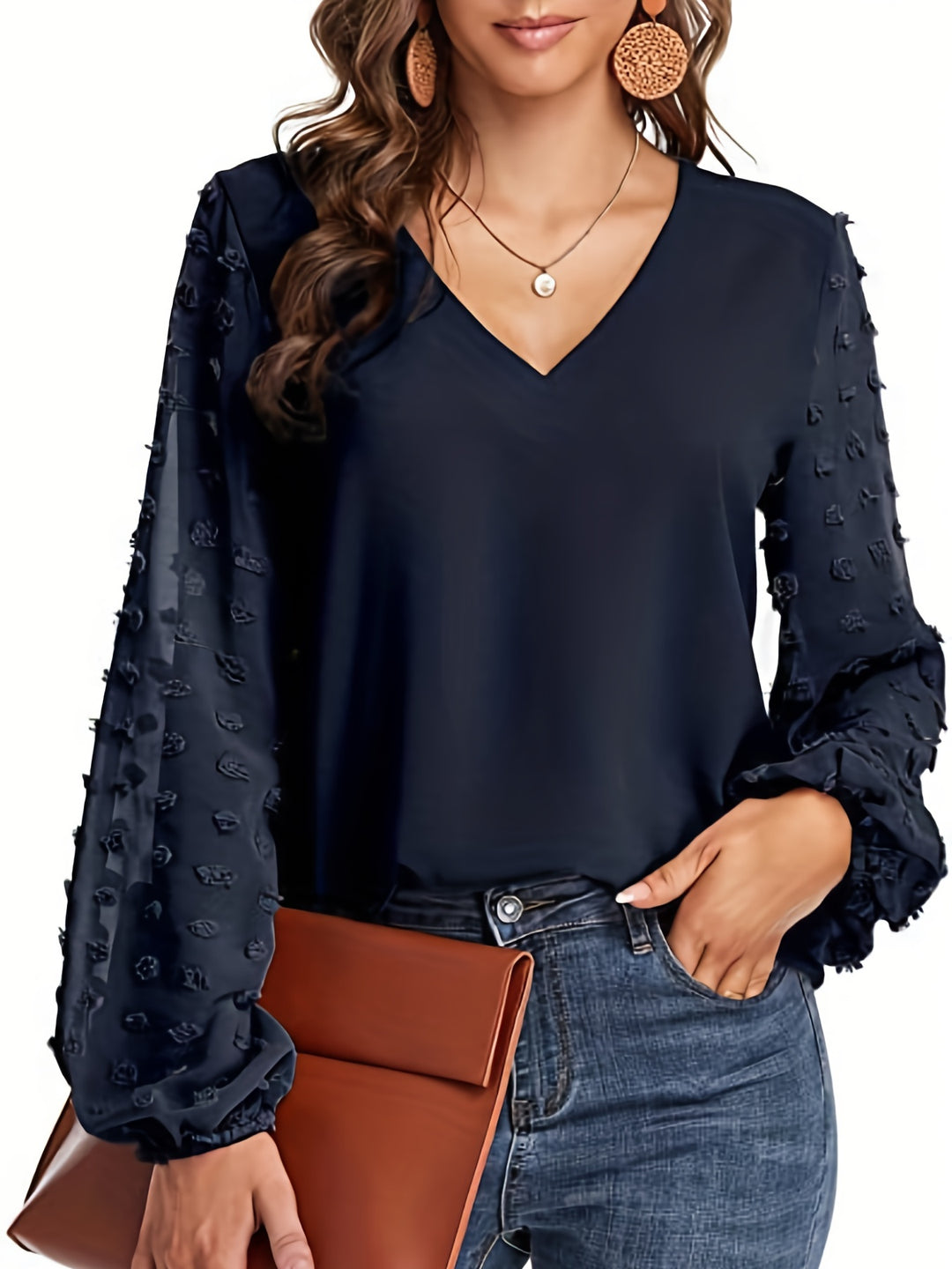Lena | Textured Sleeve V-Neck Statement Blouse
