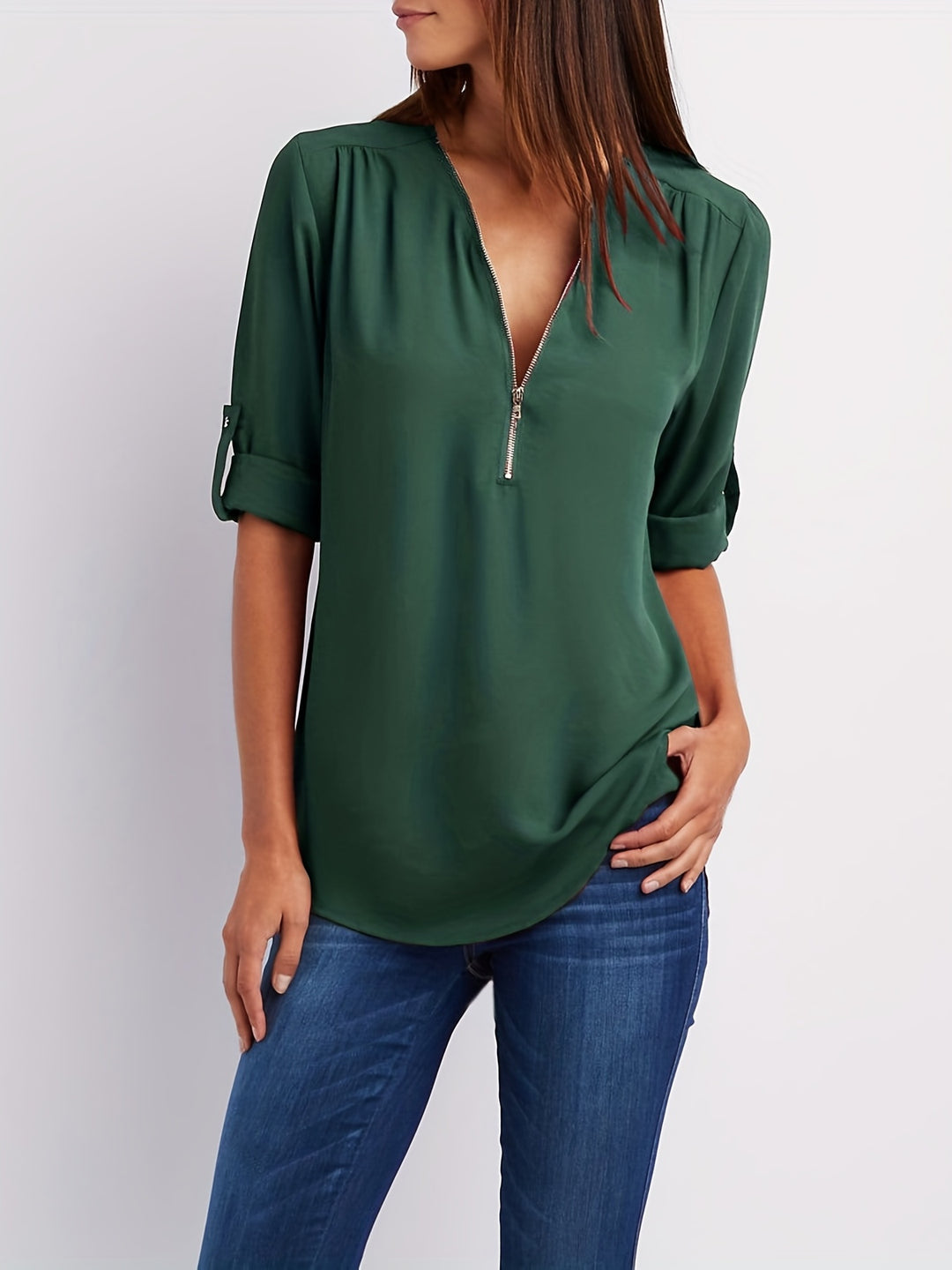 Ariana | Sleek Zip-Front V-Neck Blouse