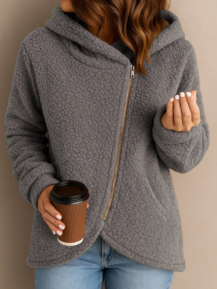 Lena | Cozy Angled Zip Hooded Jacket