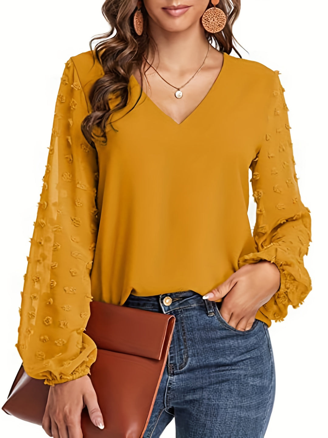 Lena | Textured Sleeve V-Neck Statement Blouse